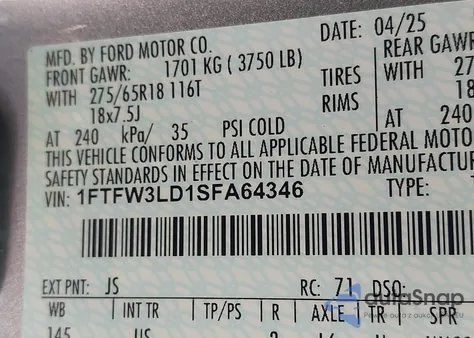 2025 Ford F-150 Xlt из США, поврежденный, VIN 1FTFW3LD1SFA64346